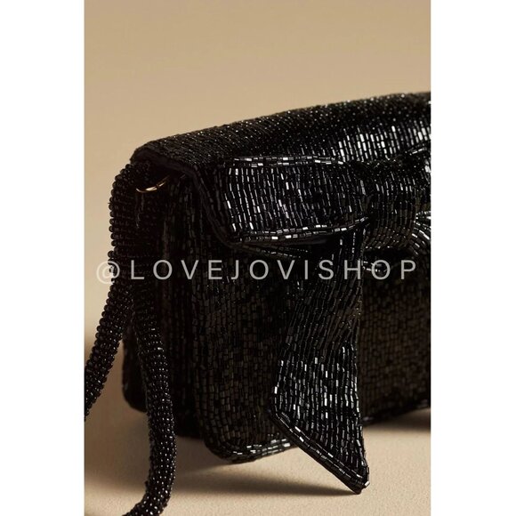 Evening Bag | NWT Anthropologie Beaded Bow Black Wristlet Clutch NYE Feminine - Picture 2 of 12